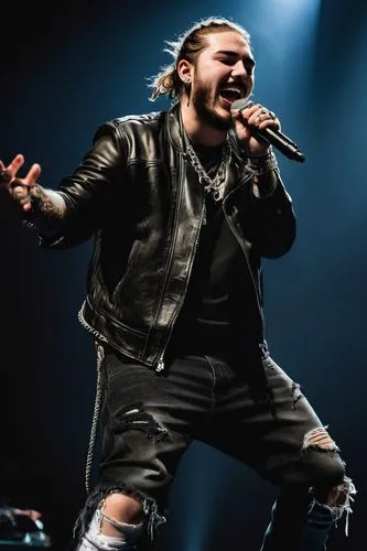 Post Malone, rapper, tattooed arms, messy blonde hair, bold eyebrows, silver chain necklace, black leather jacket, ripped jeans, white sneakers, microphone in hand, energetic performance, stage lights