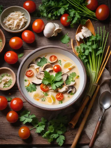 bowl of Tom Kha Soup, Stardew Valley style, coconut milk base, lemongrass, galangal slices, kaffir lime leaves, chicken pieces, mushroom chunks, cherry tomatoes, cilantro garnish, steam rising, rustic