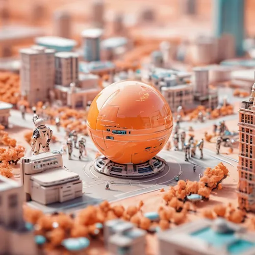 Write a futuristic sci-fi story with a pastel orange world.,tilt shift,cinema 4d,lensball,yard globe,tiny world,globe,3d render,little planet,the globe,360 ° panorama,fantasy city,city panorama,globes