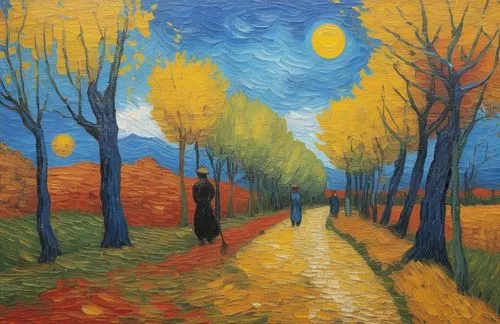 painting in the style of Vincent van Gogh,painting of the person in the painting walking through the woods,vincent van gough,autumn landscape,gogh,pathway,dubbeldam,chemin,post impressionism,vincent,f