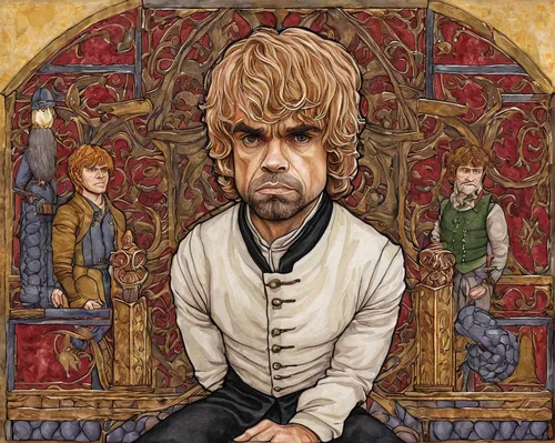 tyrion lannister,thrones,queen cage,game of thrones,lokportrait,fool cage,the throne,dwarf sundheim,album cover,jon boat,throne,four poster,luke skywalker,mick,kings landing,dwarf,fantasy portrait,king lear,icon,the ruler,Illustration,Paper based,Paper Based 08