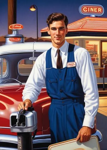 retro diner,buick y-job,hudson hornet,packard station sedan,ford motor company,petrol pump,car dealer,cashier,clerk,car hop,auto mechanic,soda fountain,car mechanic,gas-station,drive in restaurant,ford mainline,aronde,auto repair,american classic cars,ford model aa,Conceptual Art,Daily,Daily 33