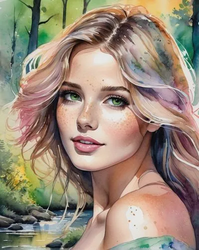 watercolor background,the blonde in the river,behenna,fantasy portrait,world digital painting,fairie,watercolor mermaid,faerie,watercolor women accessory,fae,kupala,mermaid background,faery,girl on the river,photo painting,boho art style,fantasy art,digital painting,krita,naiad,Illustration,Paper based,Paper Based 25