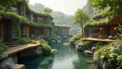 shaoming,green waterfall,seclude,asian architecture,shangri,paradis,beautiful home,secluded,landscaped,fallingwater,idyllic,teahouse,dreamhouse,greenery,ecotopia,home landscape,fantasy landscape,onsen,floating huts,house in the mountains,Photography,General,Realistic