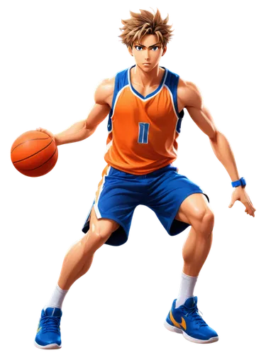 Young muscular man, basketball player, dynamic pose, sweaty face, intense eyes, messy hair, athletic wear, sleeveless jersey, shorts, sports shoes, bouncing ball, dramatic lighting, low-angle shot, 3/