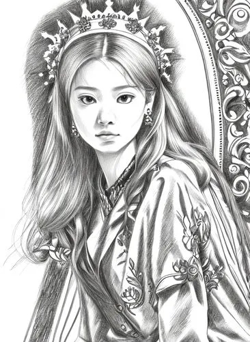 drawing pencil,fairy tale character,miss circassian,princess sofia,hanbok,princess crown,girl drawing,star drawing,young girl,coloring page,princess anna,russian folk style,xizhi,ao dai,fairy tale ico