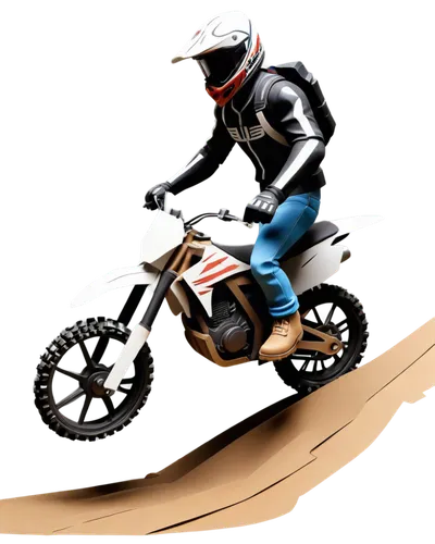 Motocross bike, off-road racing, rugged terrain, speeding, male rider, helmet, goggles, gloves, boots, black leather jacket, ripped jeans, dusty trail, rocky hills, sunny day, dynamic composition, low