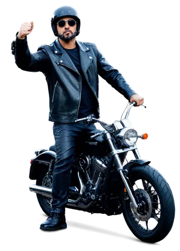 Harley Davidson motorcycle, shiny black paint, chrome pipes, leather seat, rider wearing helmet and sunglasses, muscular arm holding handlebar, standing still on road, panoramic view, dramatic lightin