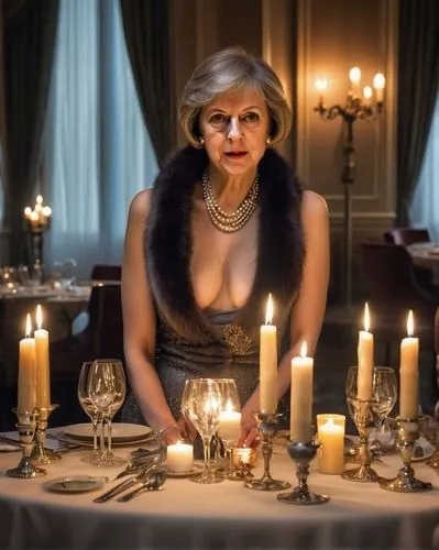 Mysterious, enigmatic, and beautiful woman; SHE LOOKS LIKE THERESA MAY wearing a fur and satin evening gown AND SHOES WITH STRAPS in a smokey 1930s period hotel restaurant. Candelabra with 14” candles