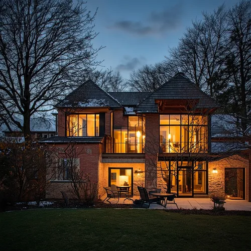 1building,a lighted up house with windows in the front and side,new england style house,winter house,kleinburg,danish house,modern house,forest house,villa,beautiful home,two story house,residential h