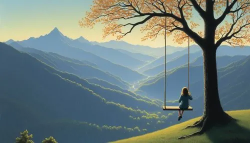 tree with swing,tree swing,hanging swing,empty swing,wooden swing,tightrope,rope swing,trekking pole,tightrope walker,zipline,hanged,travel poster,sound of music,girl with tree,golden swing,slacklining,tree top,swing,perched on a wire,isolated tree,Art,Artistic Painting,Artistic Painting 48