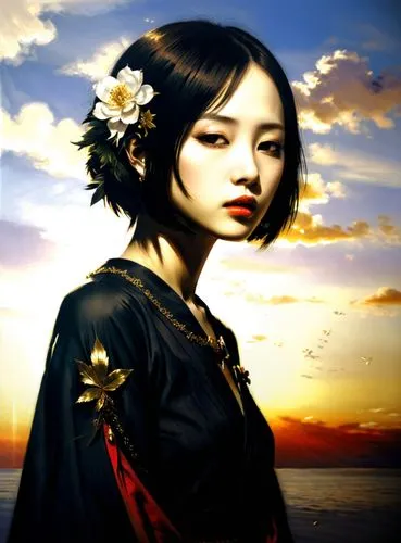 a beautiful young asian woman in traditional japanese clothes,mikasuki,hoshihananomia,mizuhara,utada,rem in arabian nights,japanese woman,Illustration,Realistic Fantasy,Realistic Fantasy 08