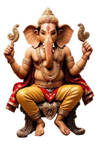 Hindu god, Lord Ganesha, solo, Indian mythology, remover of obstacles, seated posture, crossed legs, yellowish-brown skin tone, four arms, tusks, broken tusk, red mark on forehead, intricate carvings,