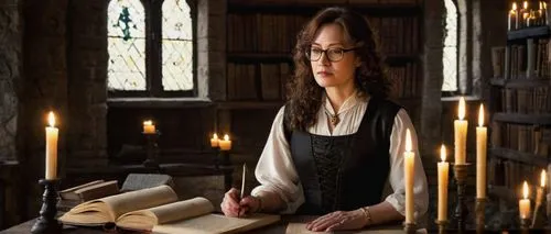 Mysterious sigil maker, mature lady, long curly brown hair, glasses, elegant white blouse, black skirt, holding a quill pen, standing in front of an old wooden desk, surrounded by ancient tomes, candl