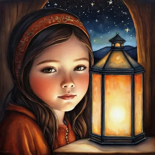 illuminated lantern,mystical portrait of a girl,lantern,christmas lantern,child portrait,night light,nightlight,children's fairy tale,night scene,children's background,the little girl,lamplighter,the girl in nightie,art painting,light of night,kids illustration,world digital painting,candlelights,candlemas,lanterns,Conceptual Art,Daily,Daily 34