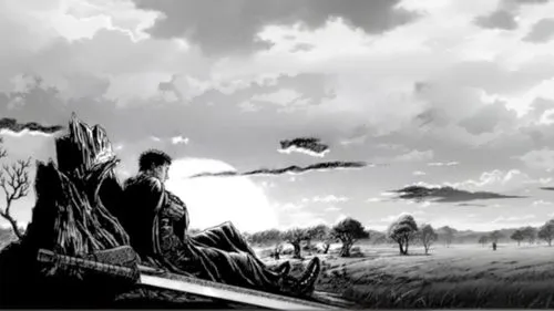 Big open field with some trees in depht, darkned clouds and the sky in black (with an appearance similar to the Japanese manga "Berserk"),a black and white po of two people under a cloudy sky,swampy l