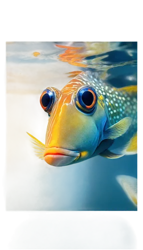 Colorful fish, vibrant scales, shimmering fins, bright orange body, yellow tail, blue stripes, big round eyes, swimming, water surface, ripples, morning light, shallow depth of field, soft focus, warm