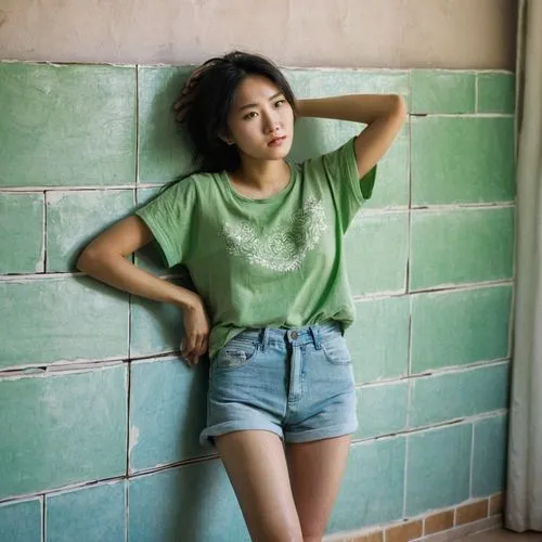 girl in t-shirt,in green,green background,asian girl,sage green,tshirt,vintage asian,light green,green summer,isolated t-shirt,dahlia white-green,mint blossom,background ivy,jade,green,in a shirt,vietnamese,green tangerine,cotton top,ivy,Photography,Documentary Photography,Documentary Photography 24