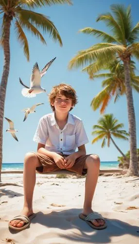 Snooba, Shota, cute, young boy, messy brown hair, bright curious eyes, freckles on nose, casual white shirt, orange shorts, bare feet, sitting on beach, tropical island, palm trees, sunny day, clear b