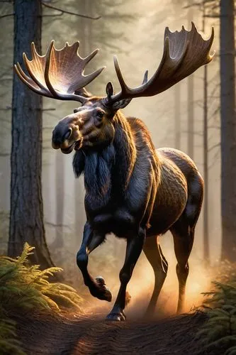 Majestic moose, cavalry, powerful muscular body, antlers, brown fur, shiny eyes, nostrils flaring, galloping, running, forest, trees, misty morning, foggy atmosphere, soft golden lighting, cinematic c