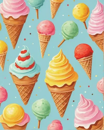 Colorful branding, ice cream shop, sweet treats, cartoon-style logo, pastel colors, creamy textures, waffle cones, sundaes, milkshakes, popsicles, happy expressions, smiling faces, childlike wonder, b