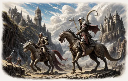 a computer generated painting of two knights on horseback, with their riders on the other side of the path,dragonlance,beleriand,guards of the canyon,cavalrymen,heroic fantasy,wolfsfeld