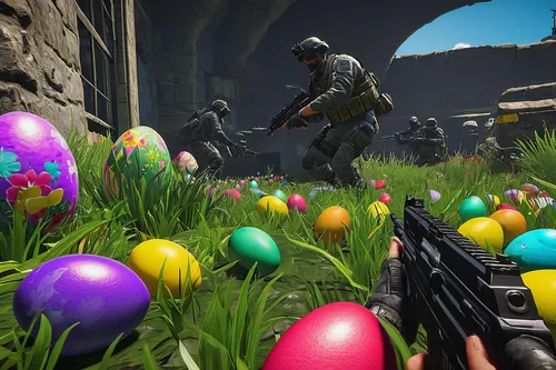 easter eggs, Call of Duty: Black Ops Cold War, offline mode, solo player, hidden content, secret challenges, thematic decorations, pastel colors, bunny motifs, egg hunt, festive atmosphere, game map, 