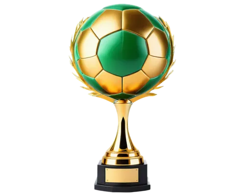 Soccer ball, golden trophy, circular shape, bold font, dynamic movement, speed lines, green grass texture, stadium lights reflection, metallic material, 3D effect, low-angle shot, dramatic lighting, v