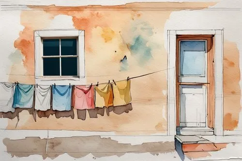 watercolor paris balcony,laundresses,laundress,washing line,woman hanging clothes,watercolor painting