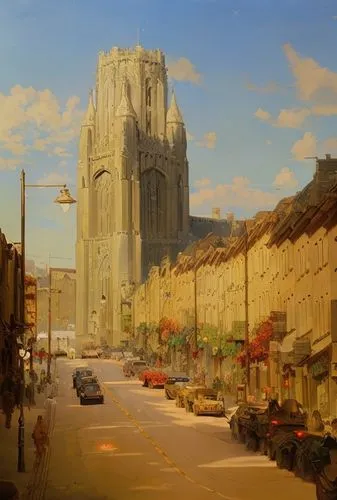 Beautiful romantic oil painting by Frank Frazetta, volumetric lighting,church painting,reims,york,austin cambridge,cathedral,valerian,normandy,bethlehem,notre dame de sénanque,metropolis,clécy normand