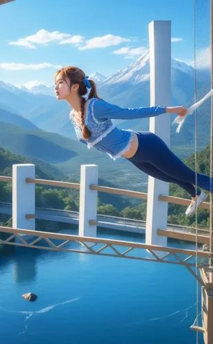 The camera captures a stunning masterpiece of a caucasian girl crafted from delicate fabrics and feathers. She wears a blue top hat and a white leggings as she jumps of a powerful bridge. She stretche