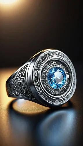 Silver futuristic ring emitting a high-tech glow, prominently featured on ArtStation, captured in a studio photo with sharp focus, intricate engravings caressed by precise lighting, Greg Rutkowski sty