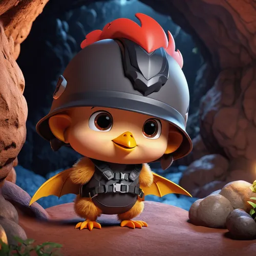 1 murciélago y 1 pollo en una cueva, llevan arnes y casco de espeleología, animales, estilo tierno, la murcielaga lleva pelo rojo ,pororo the little penguin,rock penguin,gnome,scandia gnome,miner,pubg