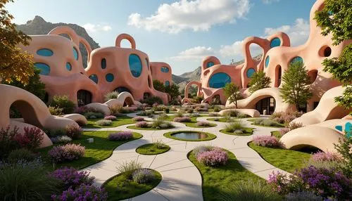 ecotopia,mushroom landscape,futuristic landscape,biopiracy,biospheres,biomes,terraforming,3d fantasy,flower dome,3d render,terraformed,3d rendered,terraformer,ecovillages,render,alien world,topia,fairy village,labyrinths,garden of plants