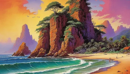 beach landscape,coastal landscape,navajo bay,mountain beach,an island far away landscape,cliffs ocean,beach scenery,dune landscape,sand coast,purple landscape,cliff beach,sea landscape,pacific,landscape background,volcanic landscape,red cliff,cliffs,fantasy landscape,dolphin coast,dream beach,Conceptual Art,Sci-Fi,Sci-Fi 19