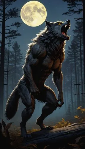 Female werewolf TF, full moon, transformed, furry, sharp claws, pointed ears, glowing yellow eyes, messy brown hair, ripped clothes, strong muscular legs, standing on all fours, howling at the sky, da