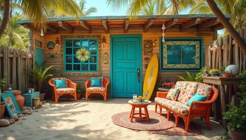 Vibrant beachside villa, eclectic style, colorful glass decorations, stained glass windows, turquoise blue doors, mismatched furniture, floral patterns, palm trees, sandy dunes, seashells, driftwood, 