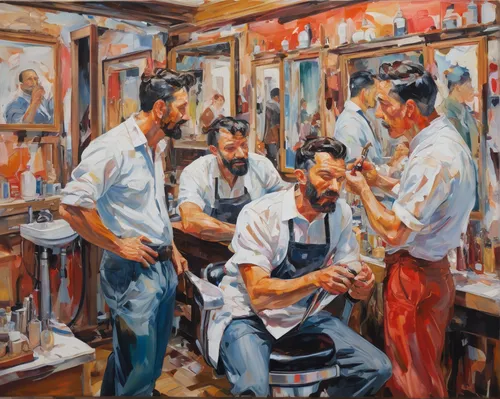 barber shop,barbershop,barber,the long-hair cutter,italian painter,painting technique,meticulous painting,shoemaker,fishmonger,hairdresser,workers,butcher shop,hairdressers,men sitting,hairdressing,craftsmen,salon,artist brush,oil painting,car salon,Conceptual Art,Oil color,Oil Color 18