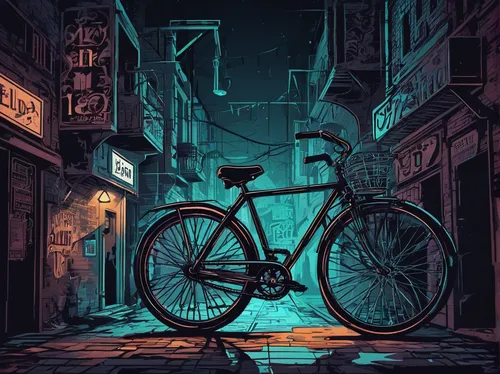 Explore a mysterious bike city at night, where shadowy figures roam the dimly lit alleys.,bicycle,bicycle lighting,city bike,parked bike,bike,bicycles,bike city,bikes,artistic cycling,biking,old bike,