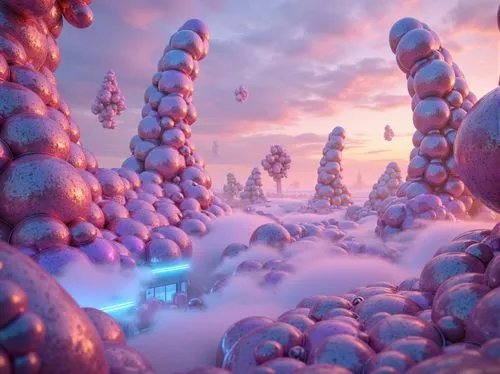 mushroom landscape,ice planet,fractal environment,virtual landscape,futuristic landscape,3d fantasy,3d render,voxels,volumetric,microworlds,crystallize,ice landscape,terraforming,shaders,infinite snow,crystallization,alien world,alien planet,wonderlands,cinema 4d