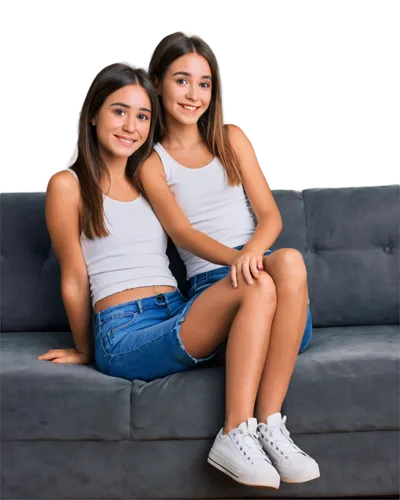 Two girls, best friends, smiling faces, bright eyes, casual hair, natural makeup, white tank tops, high-waisted jeans, sneakers, sitting on a couch, leaning on each other, warm lighting, cozy atmosphe