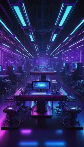 nightclub,ufo interior,retro diner,computer room,cyberpunk,ultraviolet,neon coffee,laboratory,80's design,80s,neon cocktails,cyber,music venue,spaceship space,the server room,neon lights,game room,scifi,mixing table,neon light,Conceptual Art,Oil color,Oil Color 16