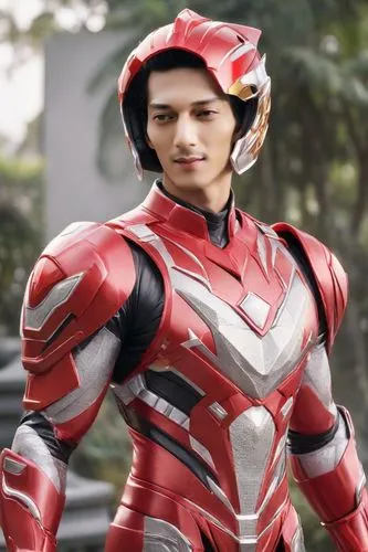 power rangers merah, background taman kota, rambut panjang di ikat, , lagi memegang helmet, sangat tampan,the man is dressed as an iron - man in the avengers movie,ryuki,dekaranger,mebius,ultraman,ozh