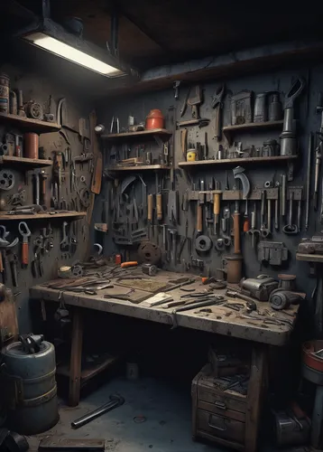 workbench,gunsmith,toolbox,wrenches,tinsmith,blacksmith,cutting tools,craftsman,metalsmith,tools,art tools,forge,automobile repair shop,nest workshop,woodwork,auto repair shop,bandsaws,craftsmen,garage,workshop,Conceptual Art,Fantasy,Fantasy 01