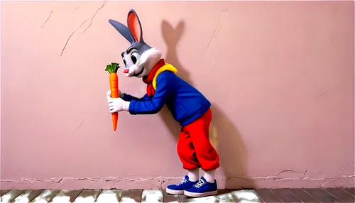 Cartoon character, Bugs Bunny, solo, (40yo), yellow fur, white gloves, blue pants, red sneakers, holding carrot, leaning against wall, relaxed pose, warm smile, bright eyes, soft focus, shallow depth 