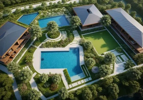 พื้นที่สระว่ายน้ำ ในรีสอร์ท ด้านขวามีเเปลงผัก ส่วนอาคารมี lobby กับ spa,an aerial view of the swimming pool and grounds,3d rendering,swimming pool,resort,shenzhen vocational college,bendemeer estates,