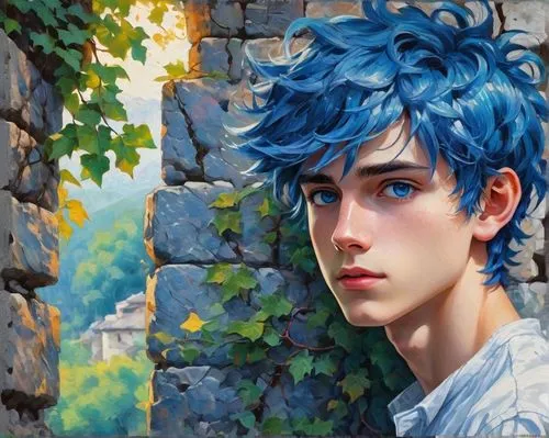 Milo, Arcane, teenage boy, messy blue hair, bright blue eyes, slender build, casual wear, white shirt, dark blue jeans, sneakers, leaning against, ancient stone wall, mystical forest, vines crawling, 