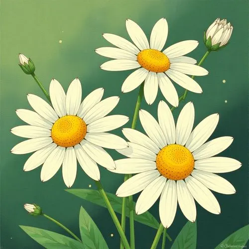 Close-up of daisies with white petals and yellow centers, with a blurred green background.,three flowers are seen close together in this pograph,wood daisy background,daisy flowers,marguerite daisy,ma