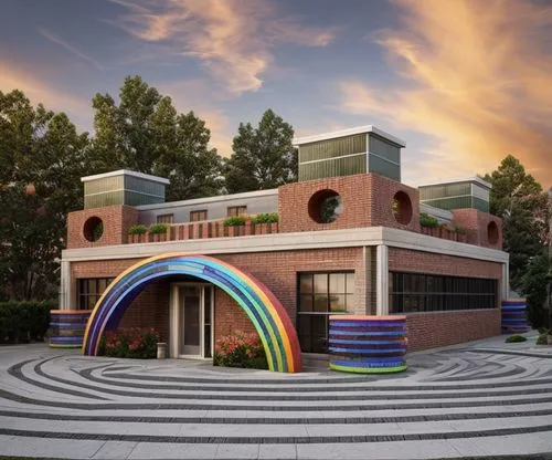 BRICK FACADE , rainbow color circles , background sunset,semi circle arch,school design,build by mirza golam pir,temple fade,therapy center,music conservatory,mid century modern,model house,dupage ope