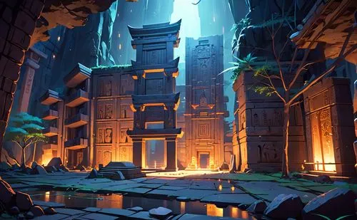 an empty fantasy - style city with various architecture and structures,ancient city,ruins,labyrinthian,ruin,background design,theed,Anime,Anime,Realistic